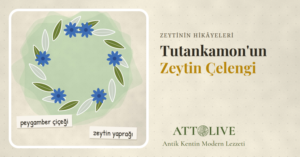 Altın bir tabut kapağı üzerinde zeytin yaprakları ve mavi çiçeklerden örülmüş küçük bir çelenk çizimi