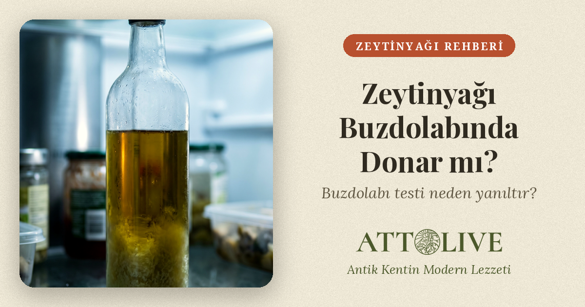 Buzdolabında soğuktan dibi bulanıklaşmış bir şişe zeytinyağı ve "Zeytinyağı Buzdolabında Donar mı?" başlığı